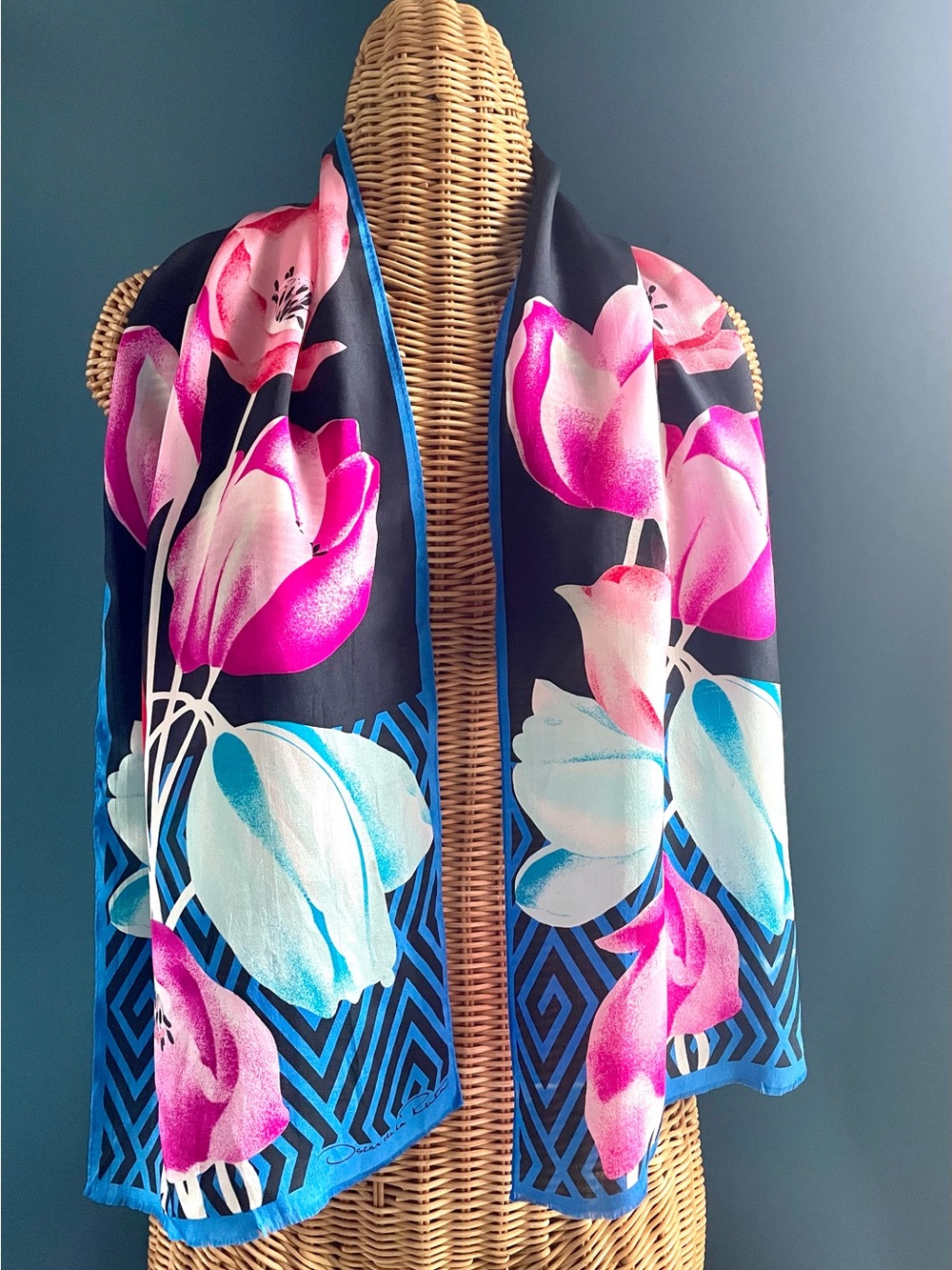 Vintage Oscar de la Renta Silk Scarf Tulip Floral Pink Blue Black Oblong
